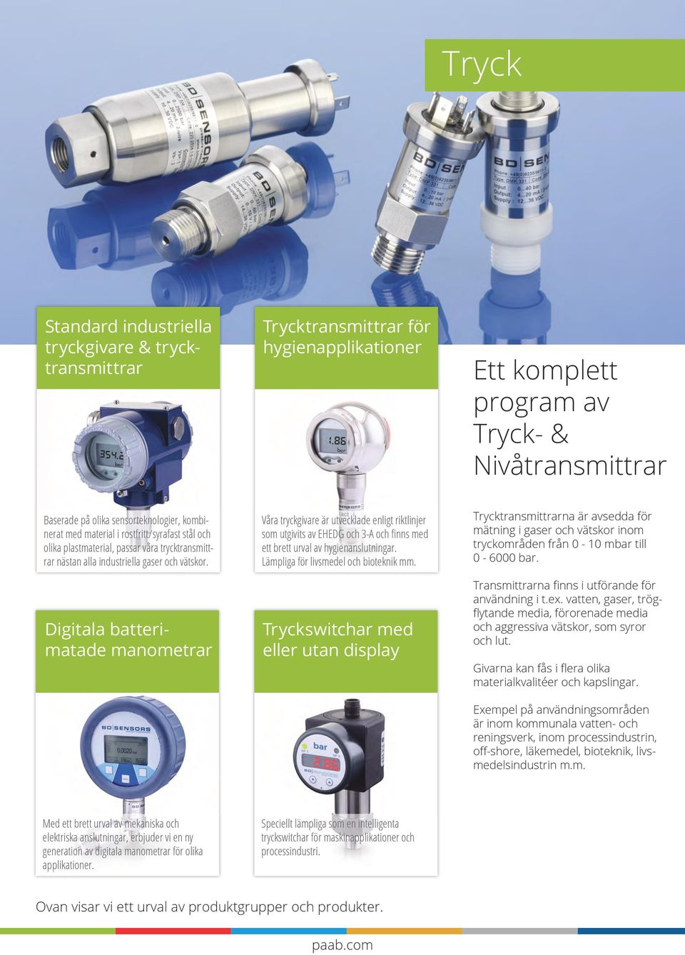 Digitala batterimatade manometrar Våra tryckgivare är utvecklade enligt riktlinjer som utgivits av EHEDG och 3-A och finns med ett brett urval av hygienanslutningar.