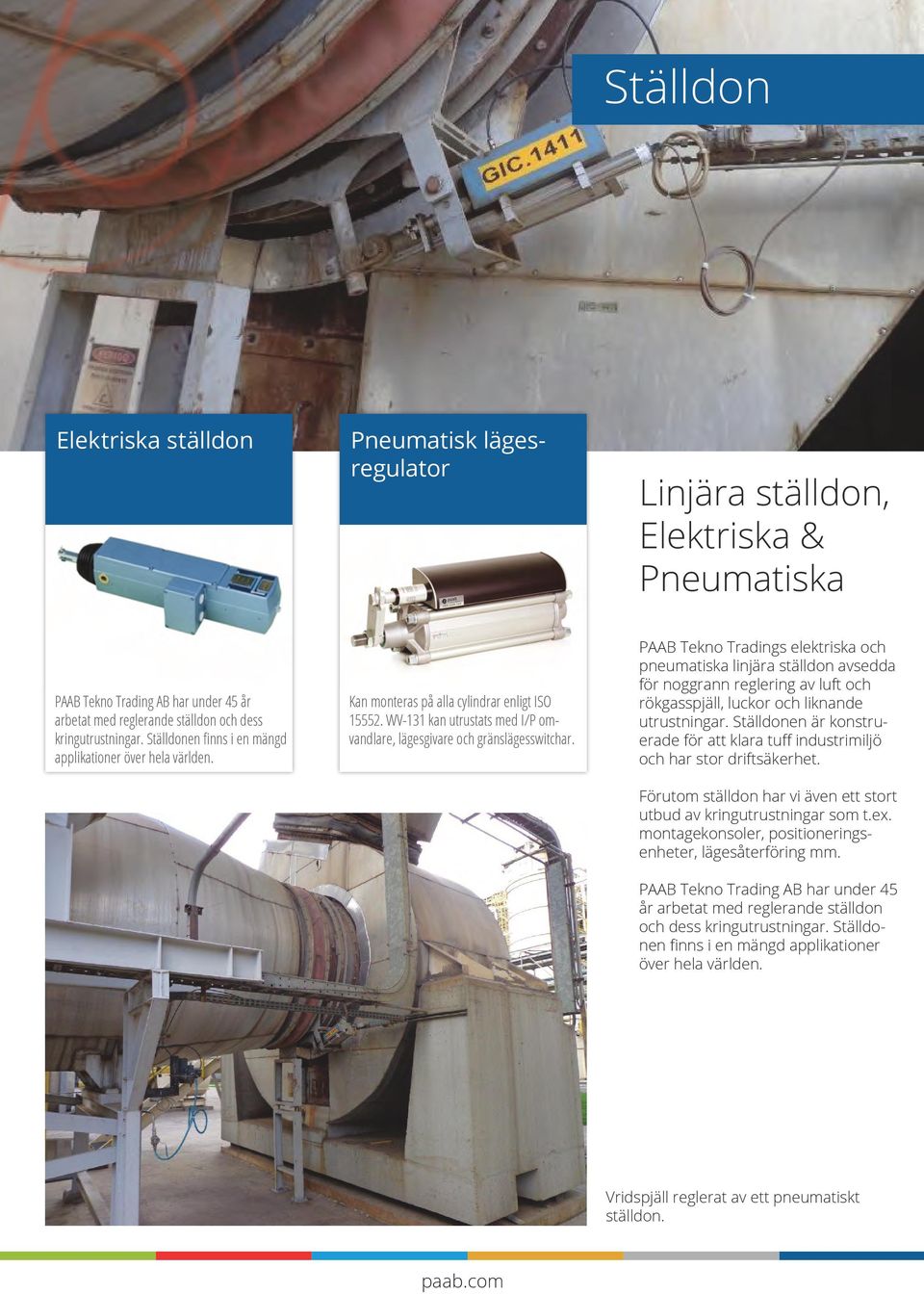 PAAB Tekno Tradings elektriska och pneumatiska linjära ställdon avsedda för noggrann reglering av luft och rökgasspjäll, luckor och liknande utrustningar.