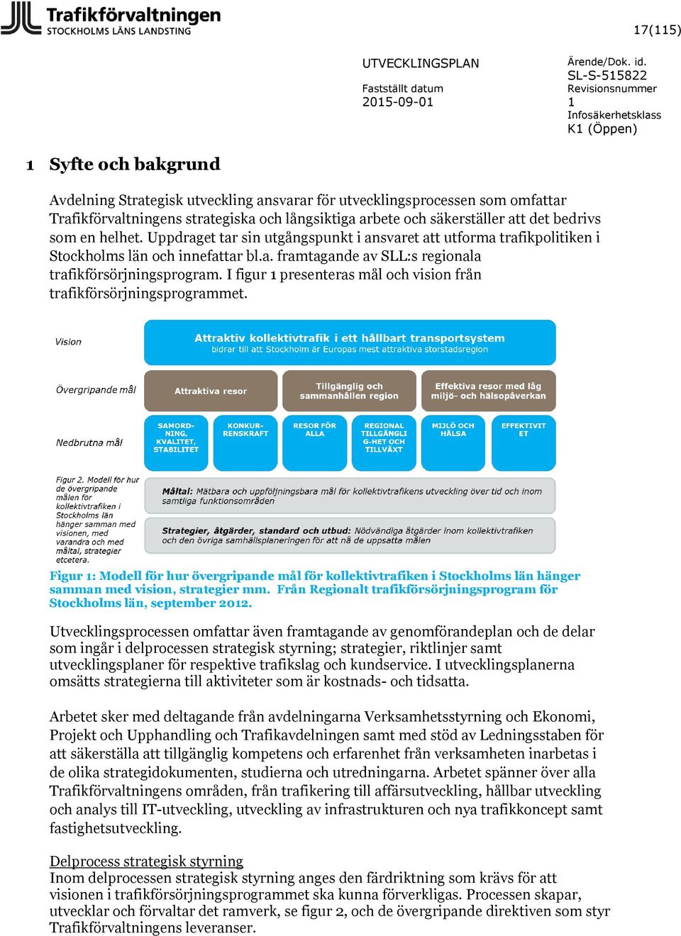 I figur presenteras mål och vision från trafikförsörjningsprogrammet. Figur : Modell för hur övergripande mål för kollektivtrafiken i Stockholms län hänger samman med vision, strategier mm.