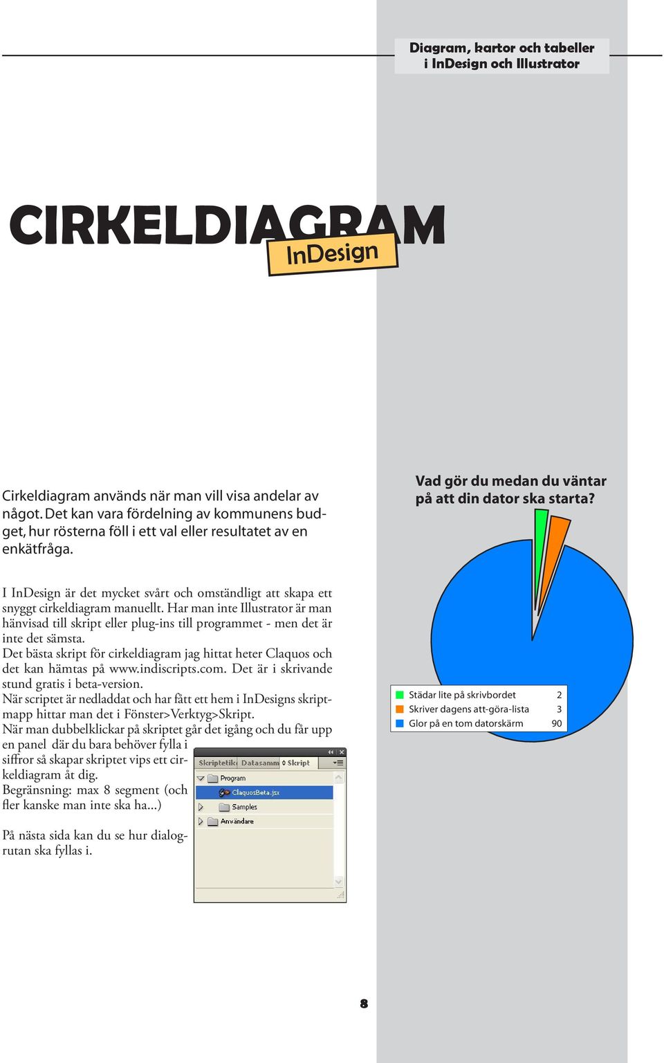 Har man inte Illustrator är man hänvisad till skript eller plug-ins till programmet - men det är inte det sämsta. Det bästa skript för cirkeldiagram jag hittat heter Claquos och det kan hämtas på www.