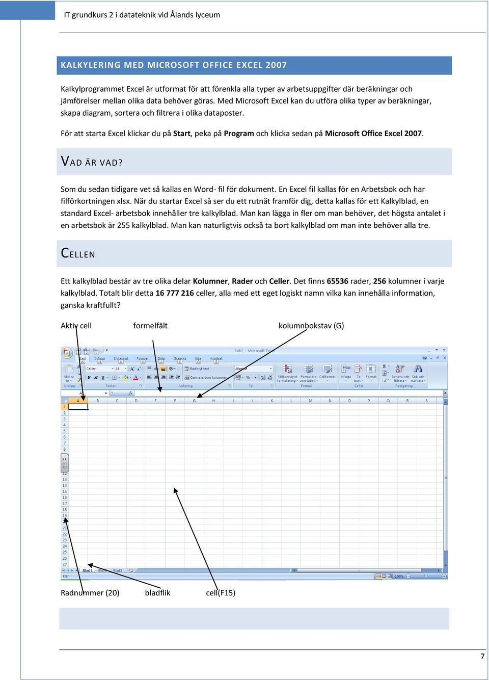 För att starta Excel klickar du på Start, peka på Program och klicka sedan på Microsoft Office Excel 2007. VAD ÄR VAD? Som du sedan tidigare vet så kallas en Word- fil för dokument.