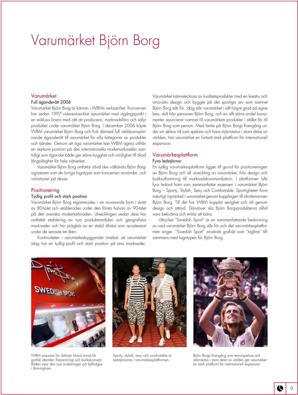 I december 2006 köpte WBM varumärket Björn Borg och fick därmed full världsomspännande äganderätt till varumärket för alla kategorier av produkter och tjänster.