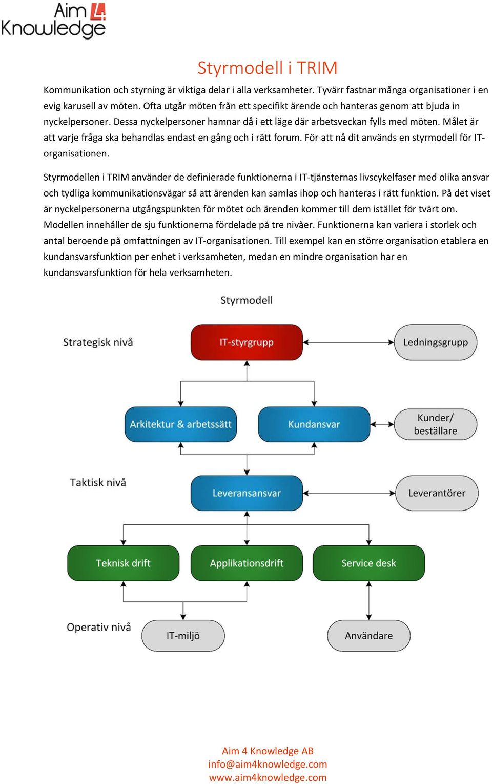 Målet är att varje fråga ska behandlas endast en gång och i rätt forum. För att nå dit används en styrmodell för ITorganisationen.