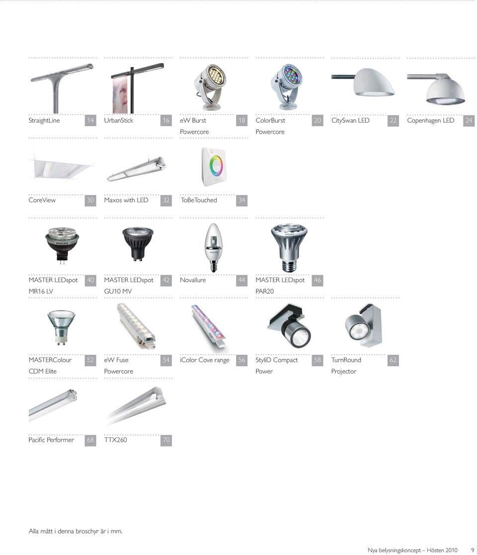 LEDspot 46 GU10 MV PAR20 MASTERColour 52 ew Fuse 54 icolor Cove range 56 StyliD Compact 58 TurnRound 62 CDM