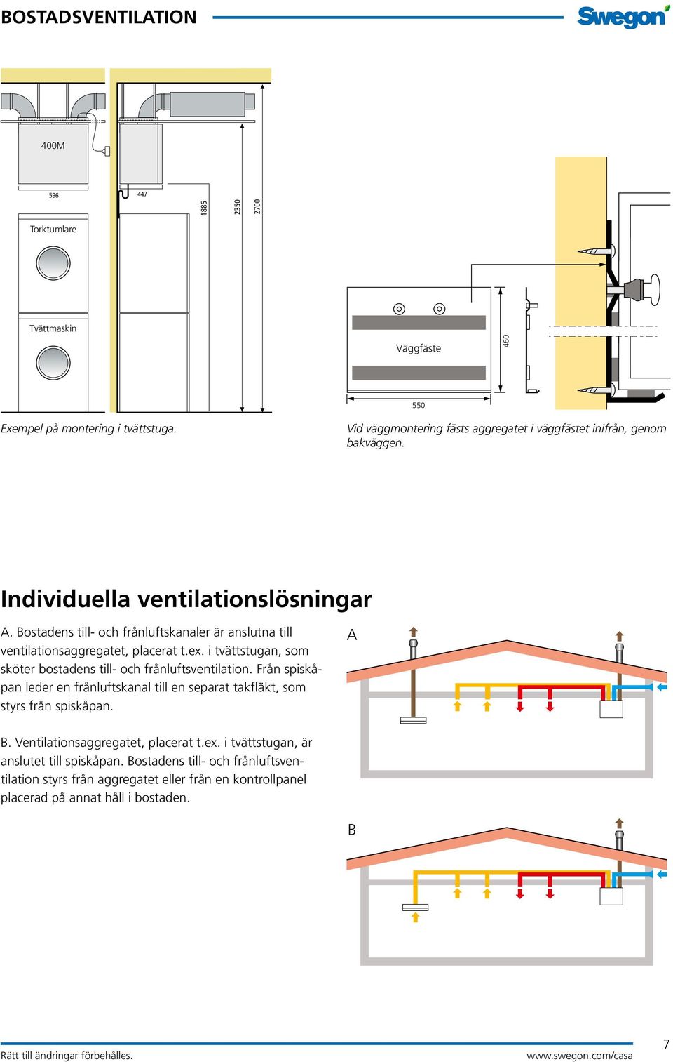 Bostadens till- och frånluftskanaler är anslutna till ventilationsaggregatet, placerat t.ex. i tvättstugan, som sköter bostadens till- och frånluftsventilation.