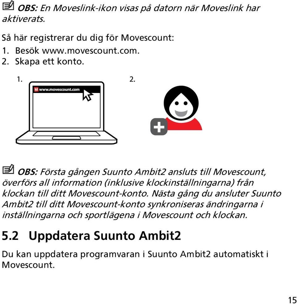 OBS: Första gången Suunto Ambit2 ansluts till Movescount, överförs all information (inklusive klockinställningarna) från klockan till ditt
