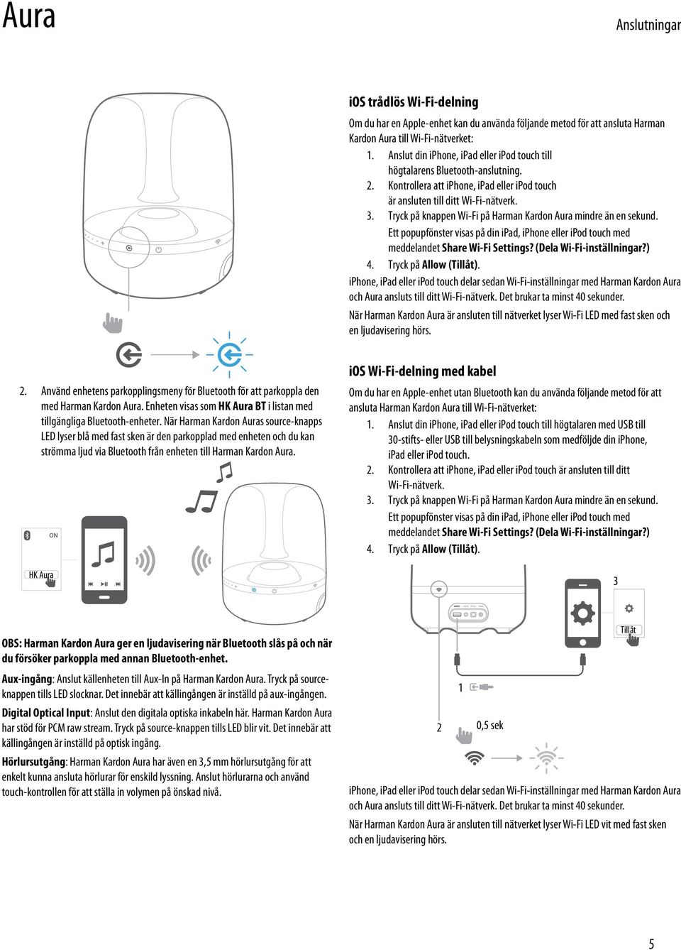 Tryck på knappen Wi-Fi på Harman Kardon Aura mindre än en sekund. Ett popupfönster visas på din ipad, iphone eller ipod touch med meddelandet Share Wi-Fi Settings? (Dela Wi-Fi-inställningar?) 4.