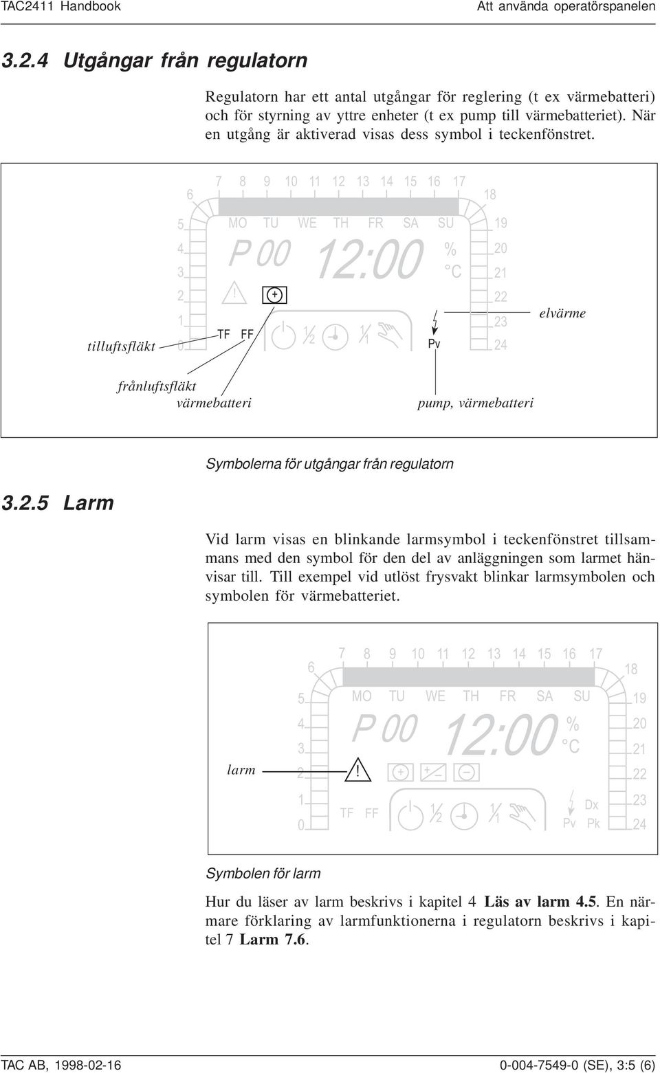 När en utgång är aktiverad visas dess symbol i teckenfönstret. 6 7 8 9 0 3 4 5 6 7 8 tilluftsfläkt 5 4 3 0 TF MO P 00!