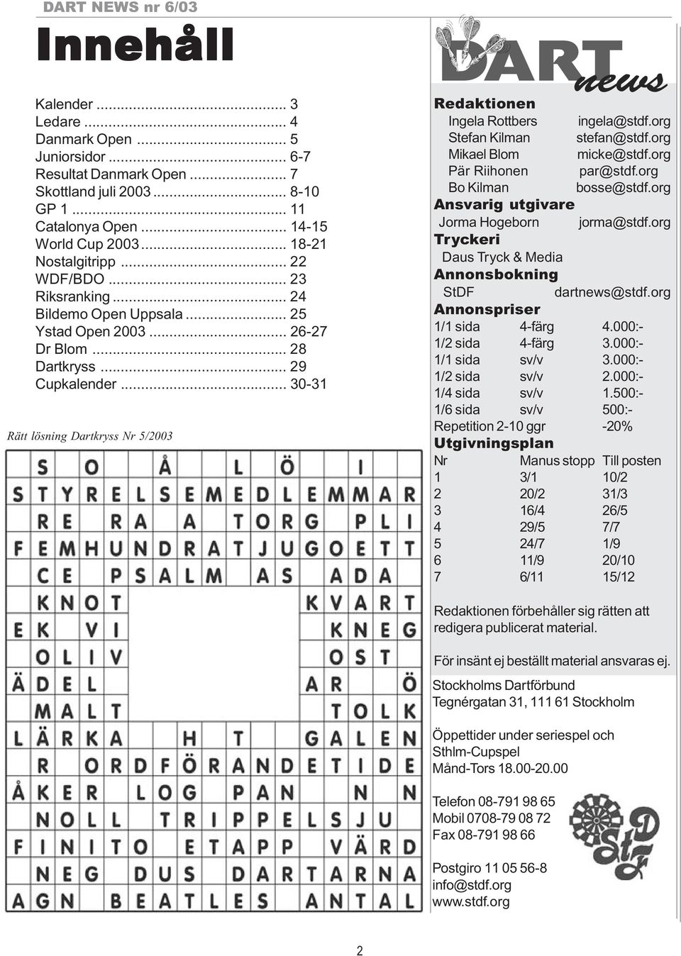 .. 30-31 Rätt lösning Dartkryss Nr 5/2003 Redaktionen Ingela Rottbers ingela@stdf.org Stefan Kilman stefan@stdf.org Mikael Blom micke@stdf.org Pär Riihonen par@stdf.org Bo Kilman bosse@stdf.