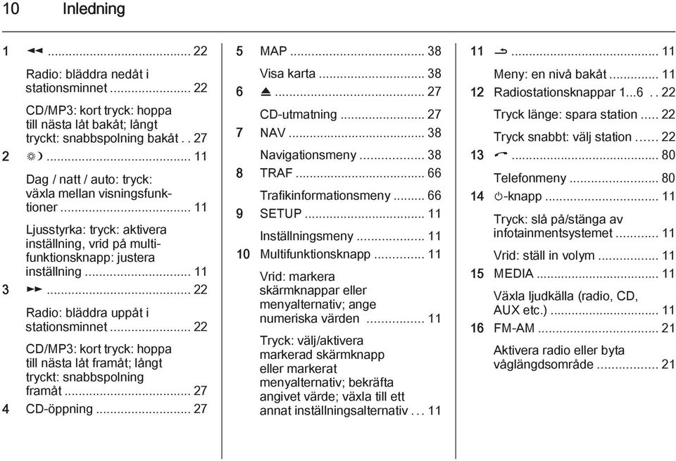 .. 22 Radio: bläddra uppåt i stationsminnet... 22 CD/MP3: kort tryck: hoppa till nästa låt framåt; långt tryckt: snabbspolning framåt... 27 4 CD-öppning... 27 5 MAP... 38 Visa karta... 38 6 R.