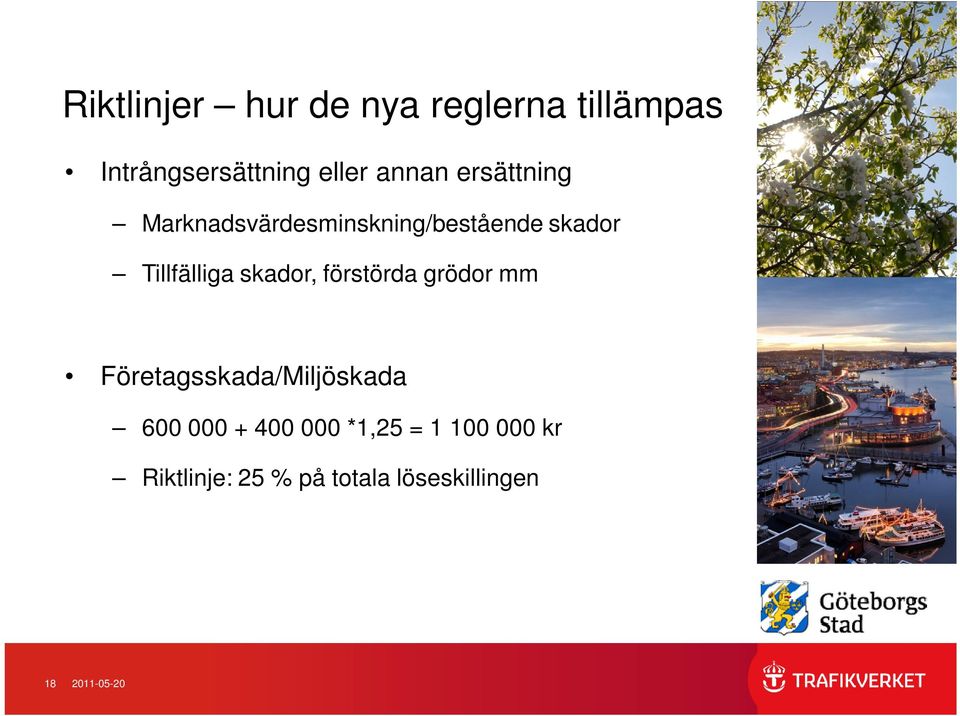 skador, förstörda grödor mm Företagsskada/Miljöskada 600 000 + 400 000
