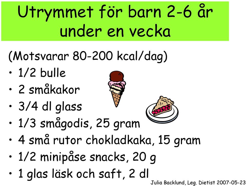 1/3 smågodis, 25 gram 4 små rutor chokladkaka, 15