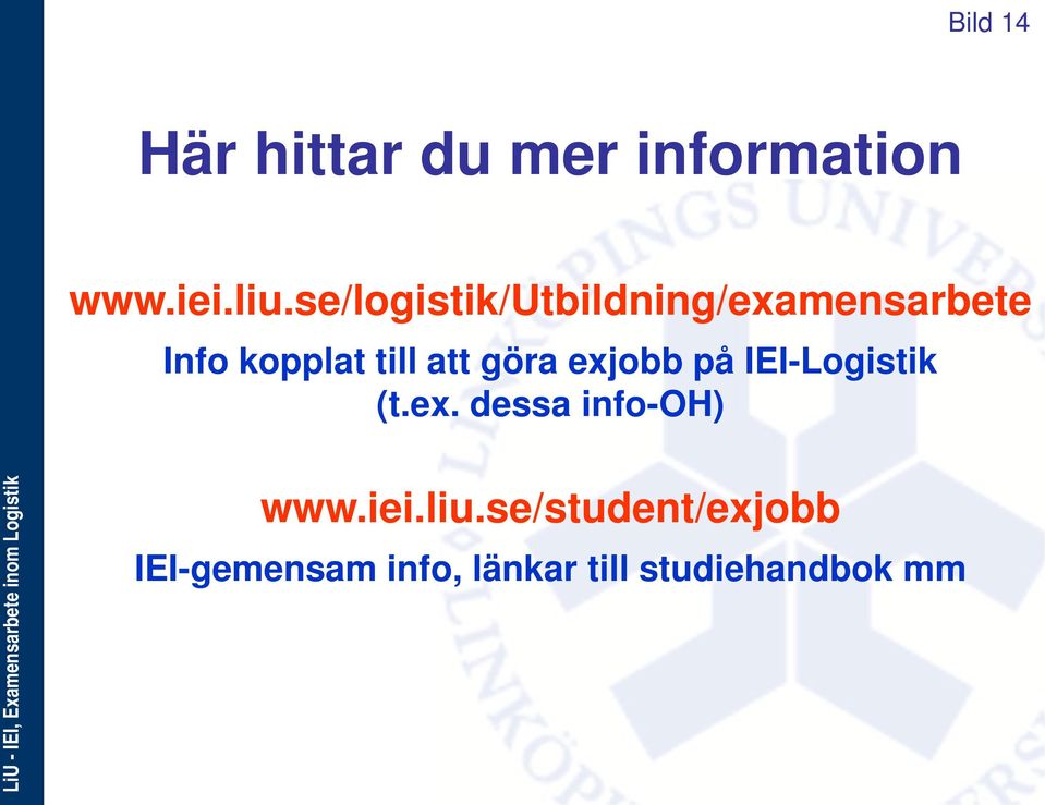 göra exjobb på IEI-Logistik (t.ex. dessa info-oh) www.iei.