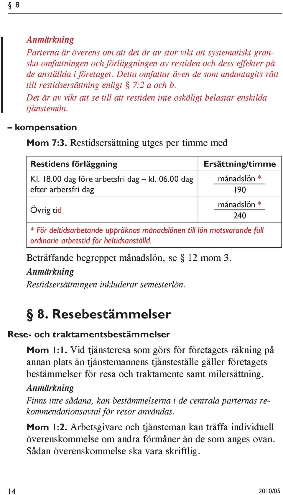 Restidsersättning utges per timme med Restidens förläggning Kl. 18.00 dag före arbetsfri dag kl. 06.