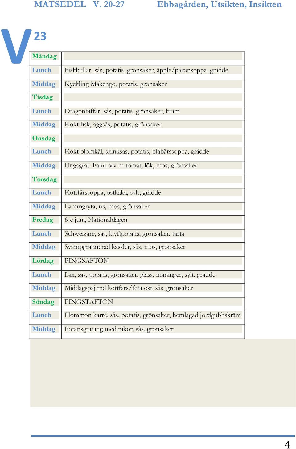 Falukorv m tomat, lök, mos, grönsaker Köttfärssoppa, ostkaka, sylt, grädde Lammgryta, ris, mos, grönsaker 6-e juni, Nationaldagen Schweizare, sås, klyftpotatis, grönsaker,