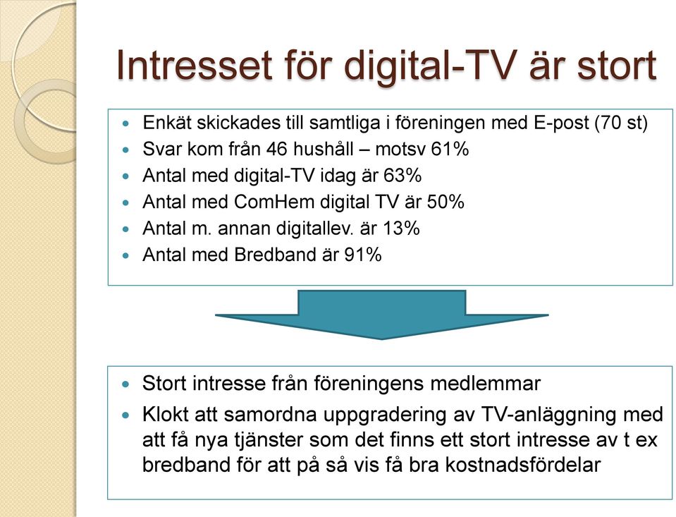 är 13% Antal med Bredband är 91% Stort intresse från föreningens medlemmar Klokt att samordna uppgradering av