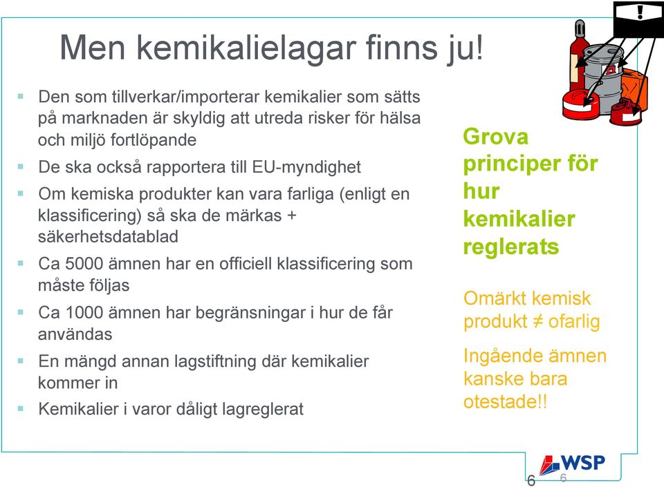 EU-myndighet Om kemiska produkter kan vara farliga (enligt en klassificering) så ska de märkas + säkerhetsdatablad Ca 5000 ämnen har en officiell