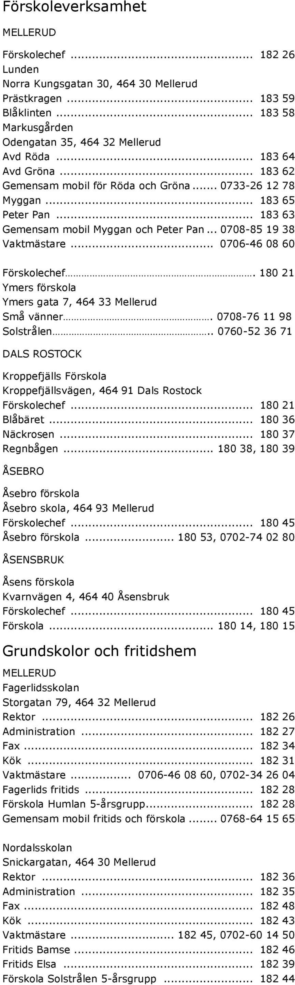 .. 0706-46 08 60 Förskolechef. 180 21 Ymers förskola Ymers gata 7, 464 33 Mellerud Små vänner. 0708-76 11 98 Solstrålen.