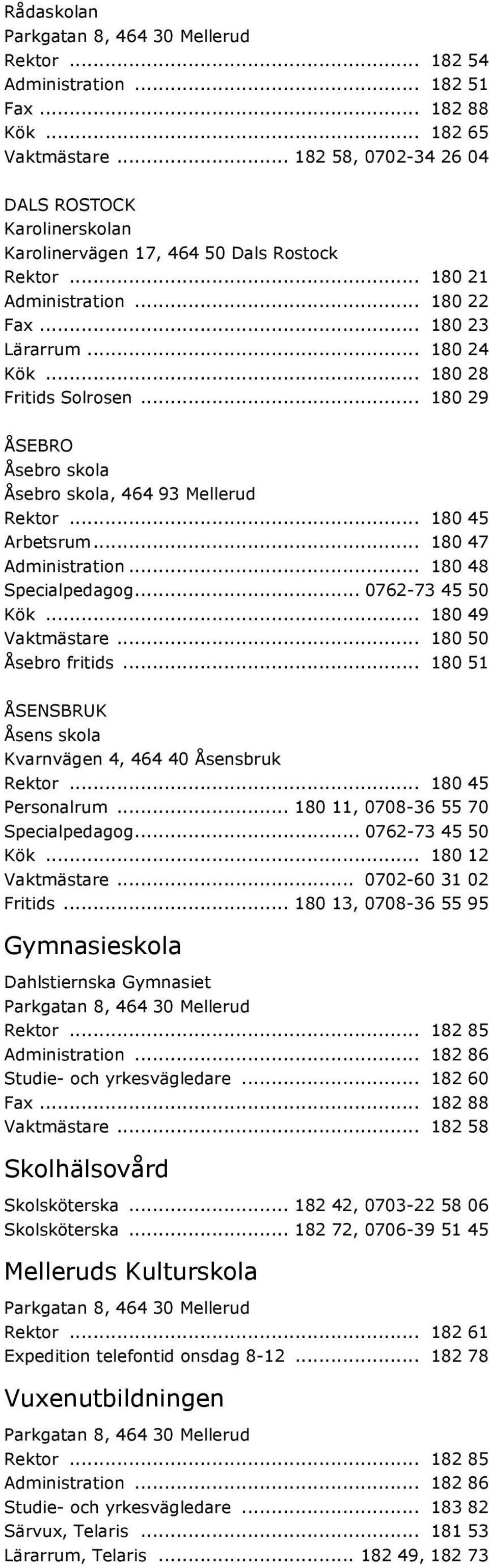 .. 180 29 ÅSEBRO Åsebro skola Åsebro skola, 464 93 Mellerud Rektor... 180 45 Arbetsrum... 180 47 Administration... 180 48 Specialpedagog... 0762-73 45 50 Kök... 180 49 Vaktmästare.