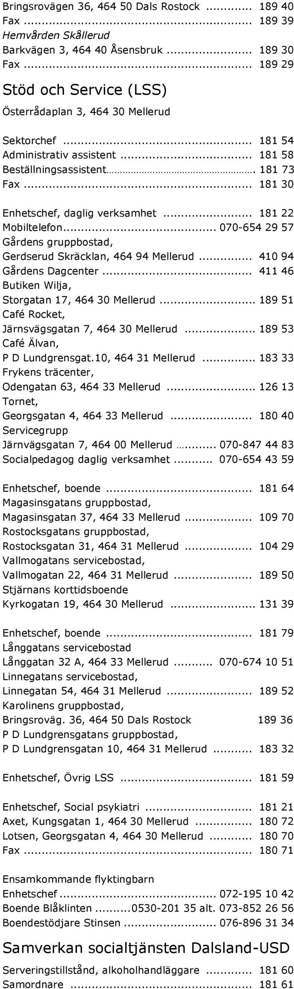 .. 181 22 Mobiltelefon... 070-654 29 57 Gårdens gruppbostad, Gerdserud Skräcklan, 464 94 Mellerud... 410 94 Gårdens Dagcenter... 411 46 Butiken Wilja, Storgatan 17, 464 30 Mellerud.