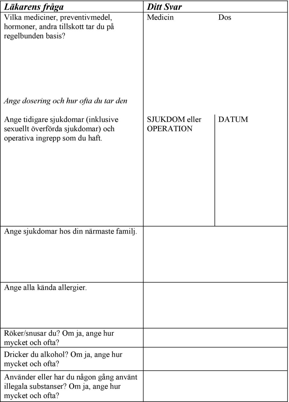 ingrepp som du haft. SJUKDOM eller OPERATION DATUM Ange sjukdomar hos din närmaste familj. Ange alla kända allergier. Röker/snusar du?