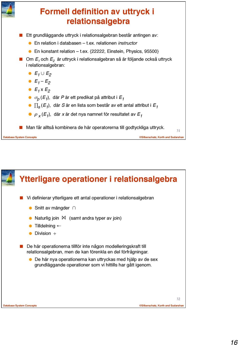 {22222, Einstein, Physics, 95500} Om E 1 och E 2 är uttryck i relationsalgebran så är följande också uttryck i relationsalgebran: E 1 E 2 E 1 E 2 E 1 x E 2 σ p (E 1 ), där P är ett predikat på