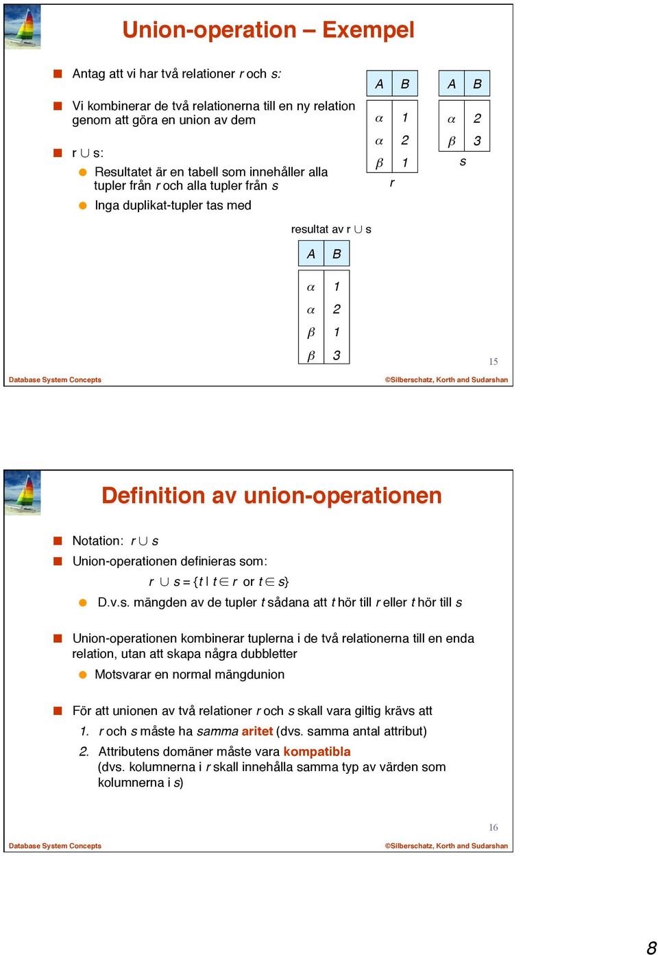B! 3! 15 Definition av union-operationen! Notation: r s!