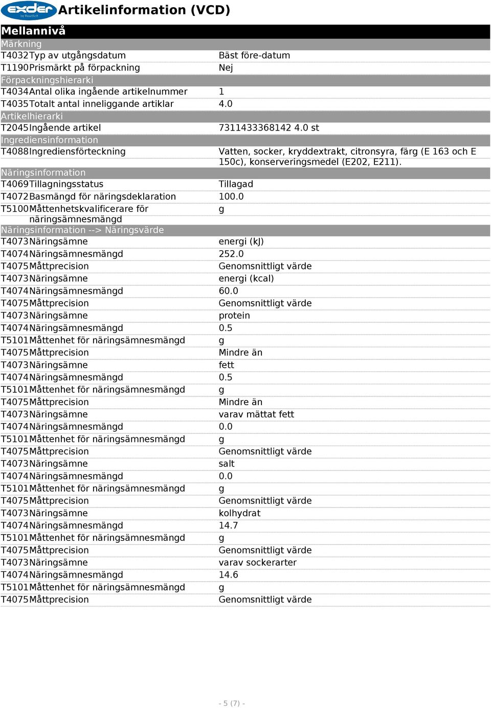 0 st T4088Ingrediensförteckning Näringsinformation T4069Tillagningsstatus Tillagad T4072Basmängd för näringsdeklaration 100.