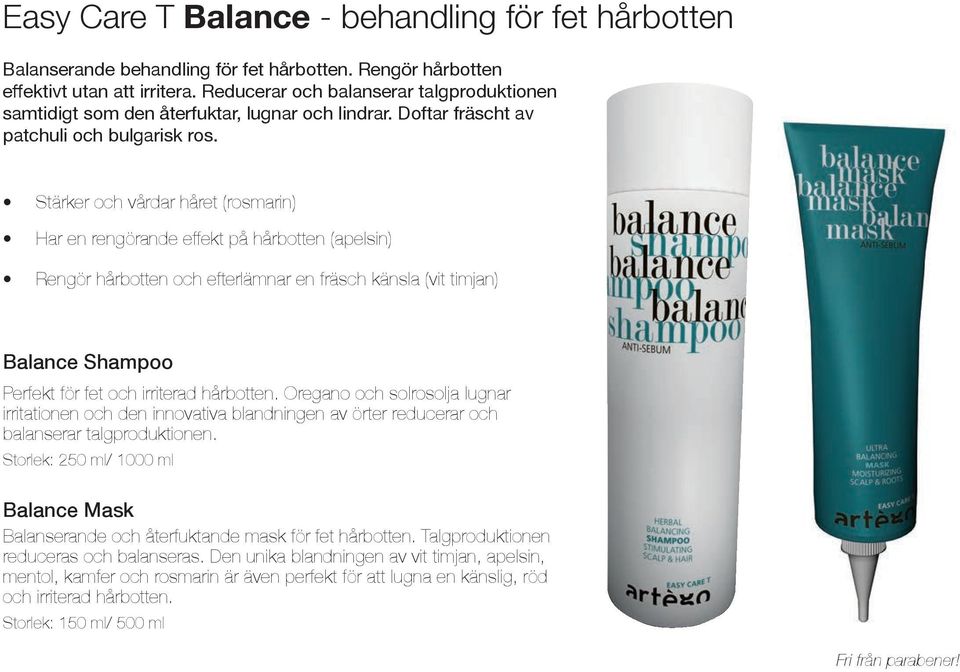 Stärker och vårdar håret (rosmarin) Har en rengörande effekt på hårbotten (apelsin) Rengör hårbotten och efterlämnar en fräsch känsla (vit timjan) Balance Shampoo Perfekt för fet och irriterad