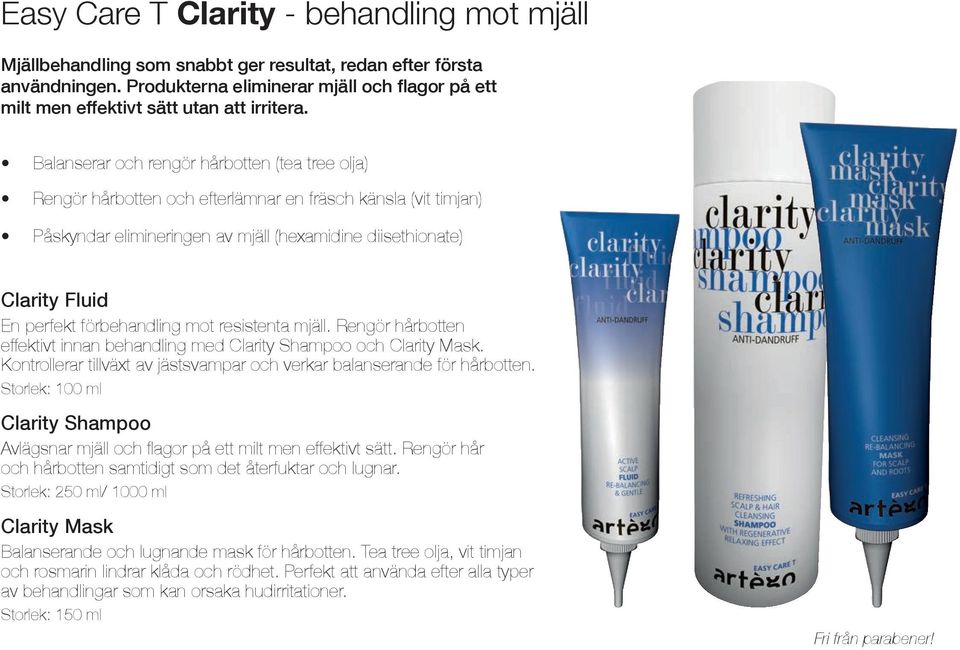 Balanserar och rengör hårbotten (tea tree olja) Rengör hårbotten och efterlämnar en fräsch känsla (vit timjan) Påskyndar elimineringen av mjäll (hexamidine diisethionate) Clarity Fluid En perfekt