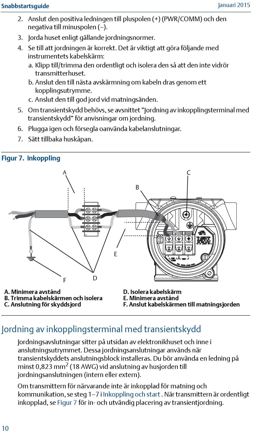 Anslut den till nästa avskärmning om kabeln dras genom ett kopplingsutrymme. c. Anslut den till god jord vid matningsänden. 5.