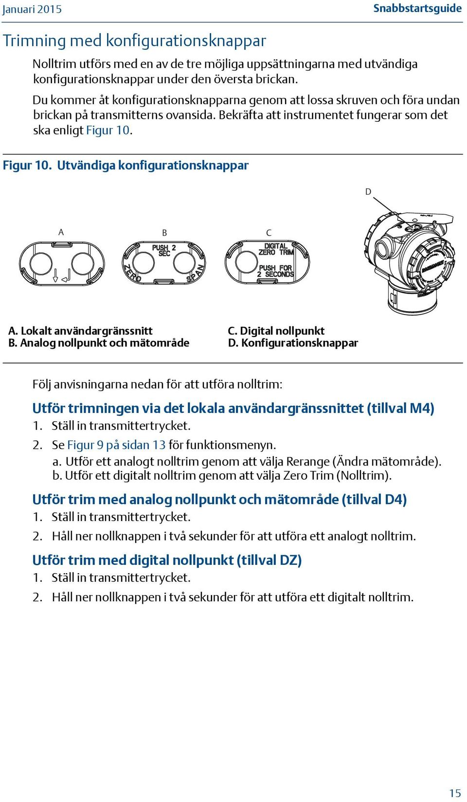 Figur 10. Utvändiga konfigurationsknappar D A B C A. Lokalt användargränssnitt B. Analog nollpunkt och mätområde C. Digital nollpunkt D.