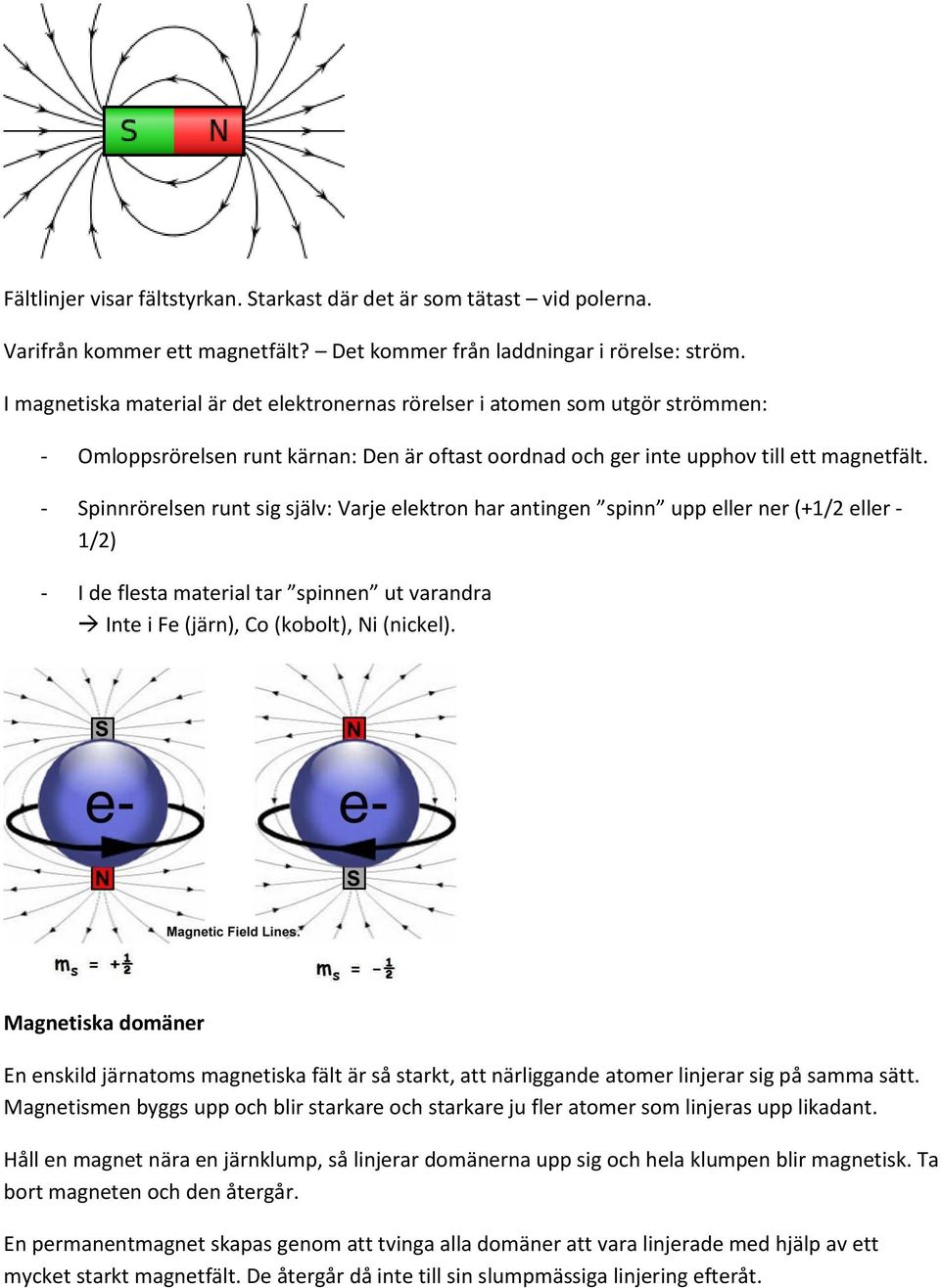 - Spinnrörelsen runt sig själv: Varje elektron har antingen spinn upp eller ner (+1/2 eller - 1/2) - I de flesta material tar spinnen ut varandra Inte i Fe (järn), Co (kobolt), Ni (nickel).