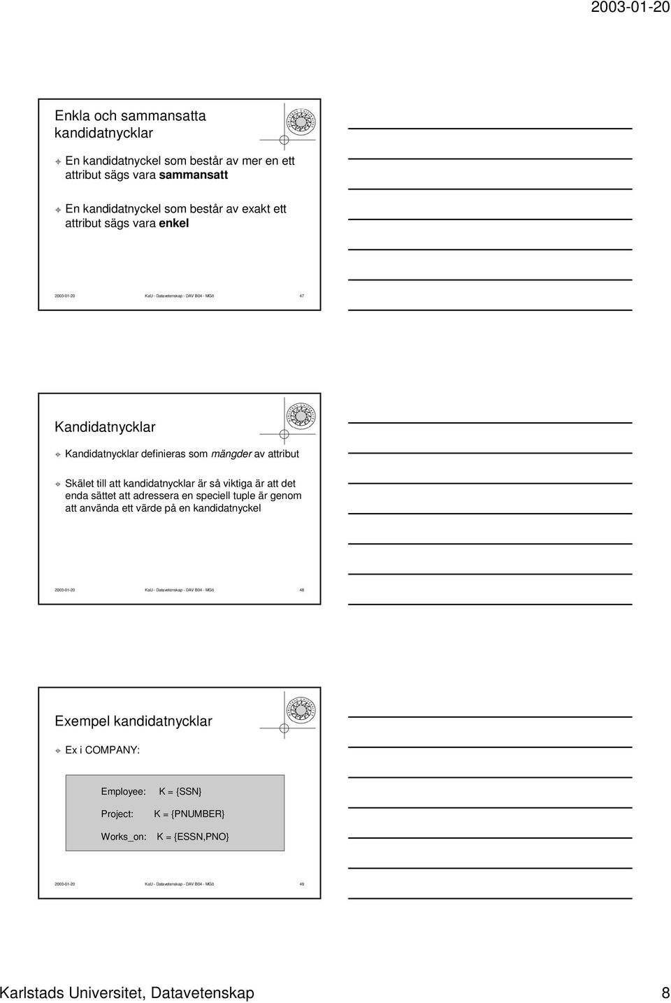 att det enda sättet att adressera en speciell tuple är genom att använda ett värde på en kandidatnyckel 2003-01-20 KaU - Datavetenskap - DAV B04 - MGö 48 Exempel