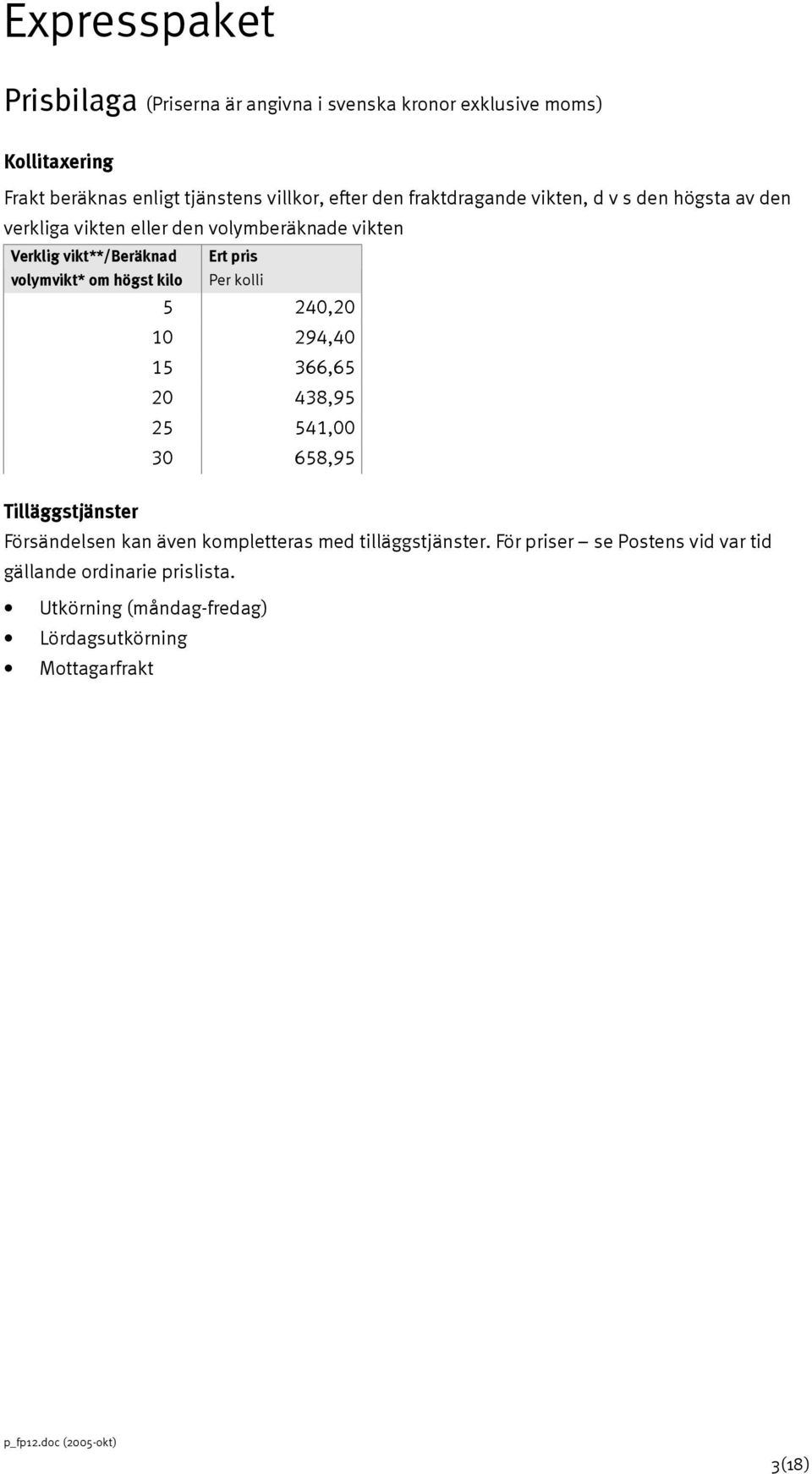 294,40 15 366,65 20 438,95 25 541,00 30 658,95 Tilläggstjänster Försändelsen kan även kompletteras med tilläggstjänster.