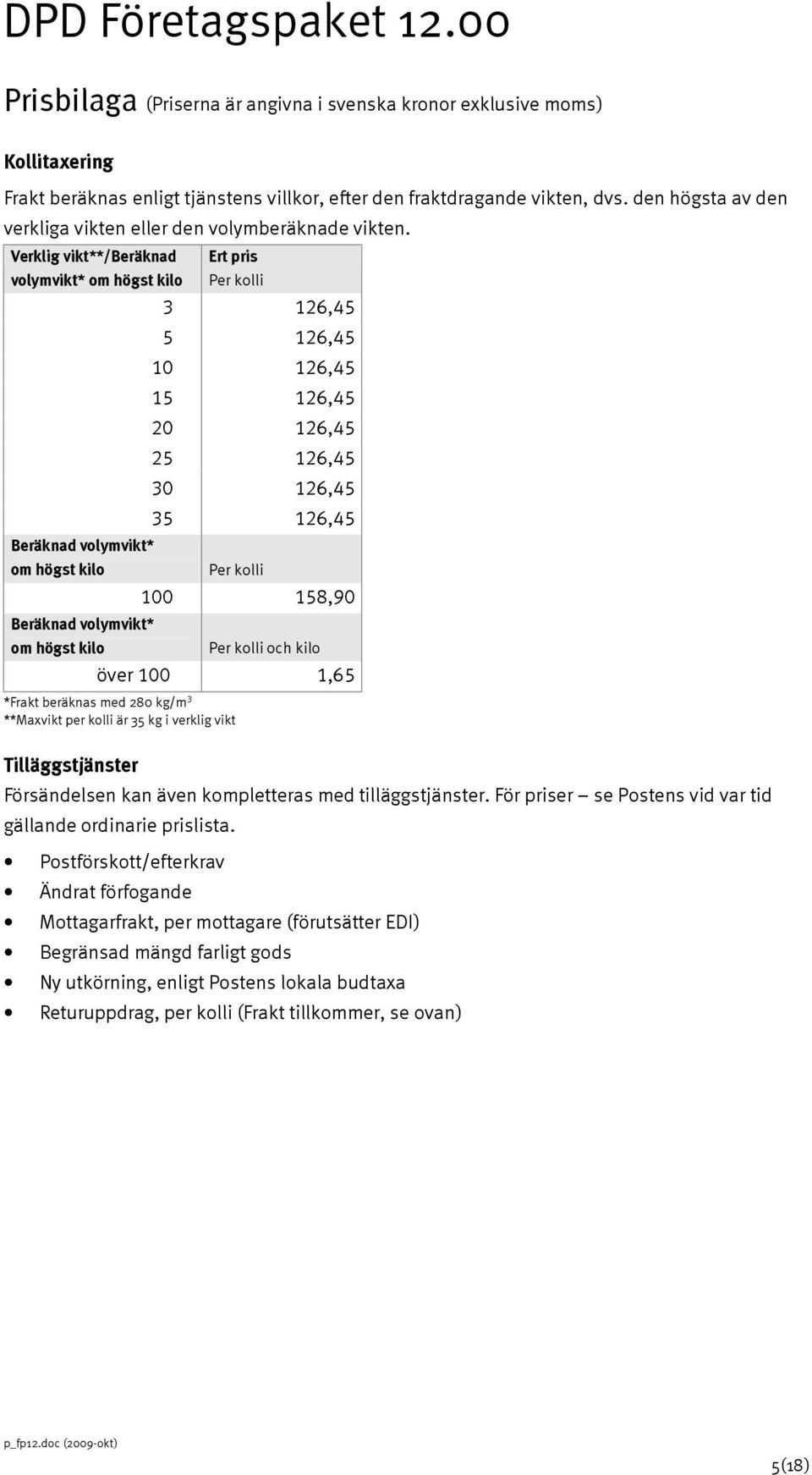 126,45 35 126,45 Per kolli 100 158,90 Per kolli och kilo över 100 1,65 *Frakt beräknas med 280 kg/m 3 **Maxvikt per kolli är 35 kg i verklig vikt Tilläggstjänster Försändelsen kan även kompletteras