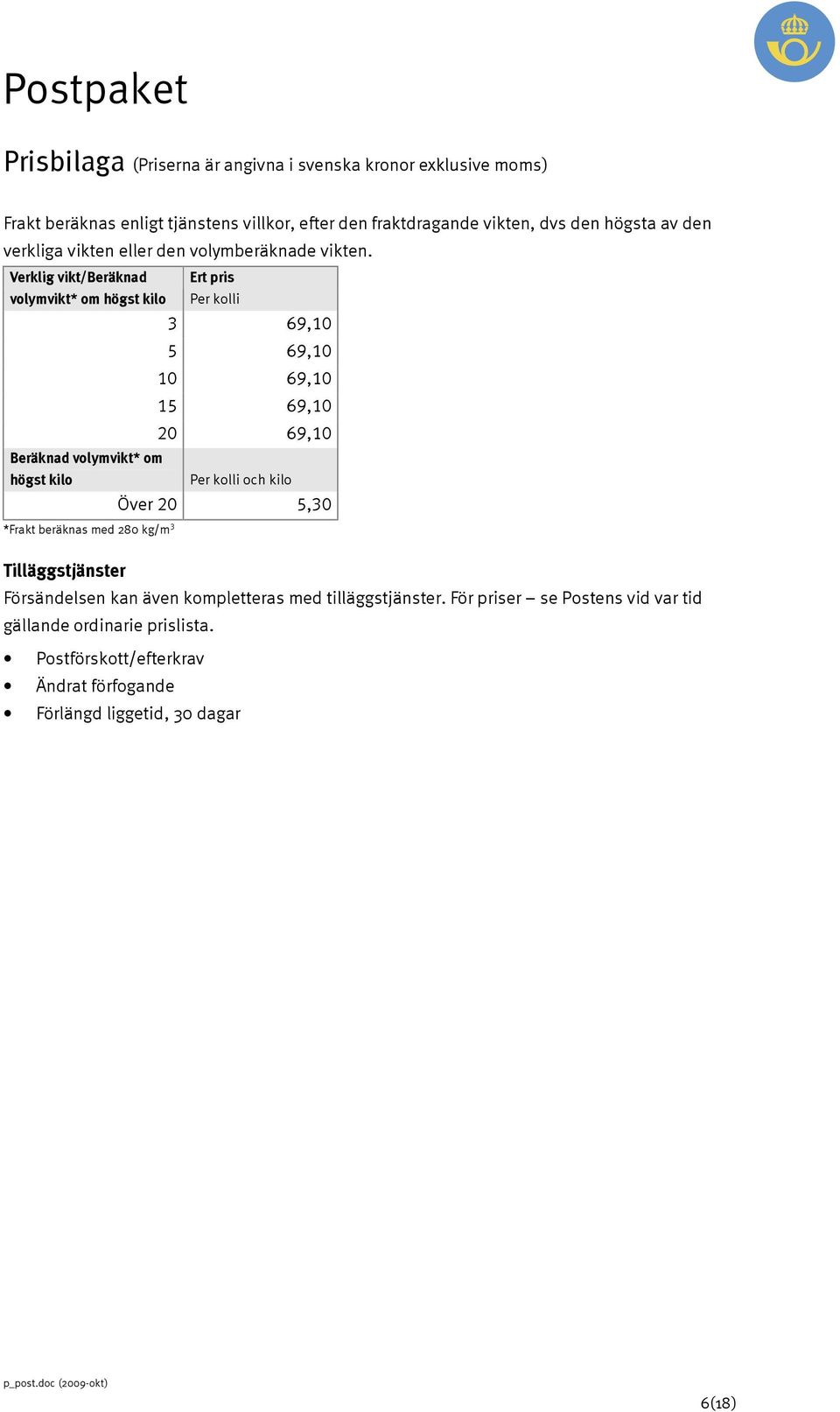 Verklig vikt/beräknad Ert pris volymvikt* om högst kilo Per kolli 3 69,10 5 69,10 10 69,10 15 69,10 20 69,10 Beräknad volymvikt* om högst kilo Per