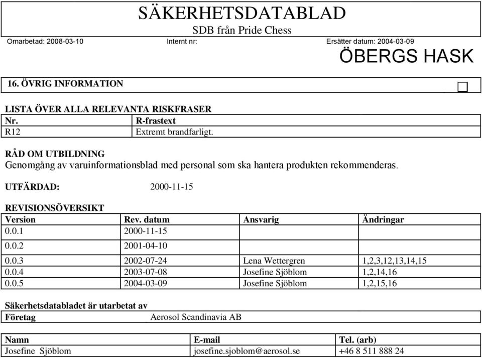 UTFÄRDAD: 2000-11-15 REVISIONSÖVERSIKT Version 0.0.1 Rev. datum 2000-11-15 Ansvarig Ändringar 0.0.2 2001-04-10 0.0.3 2002-07-24 Lena Wettergren 1,2,3,12,13,14,15 0.