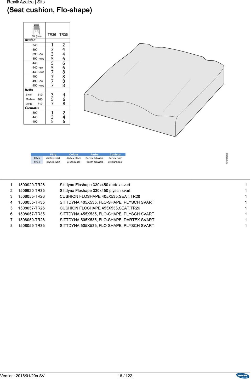 FLO-SHAPE, PLYSCH SVART 1 5 1508057-TR26 CUSHION FLOSHAPE 455X535,SEAT,TR26 1 6 1508057-TR35 SITTDYNA 455X535, FLO-SHAPE,