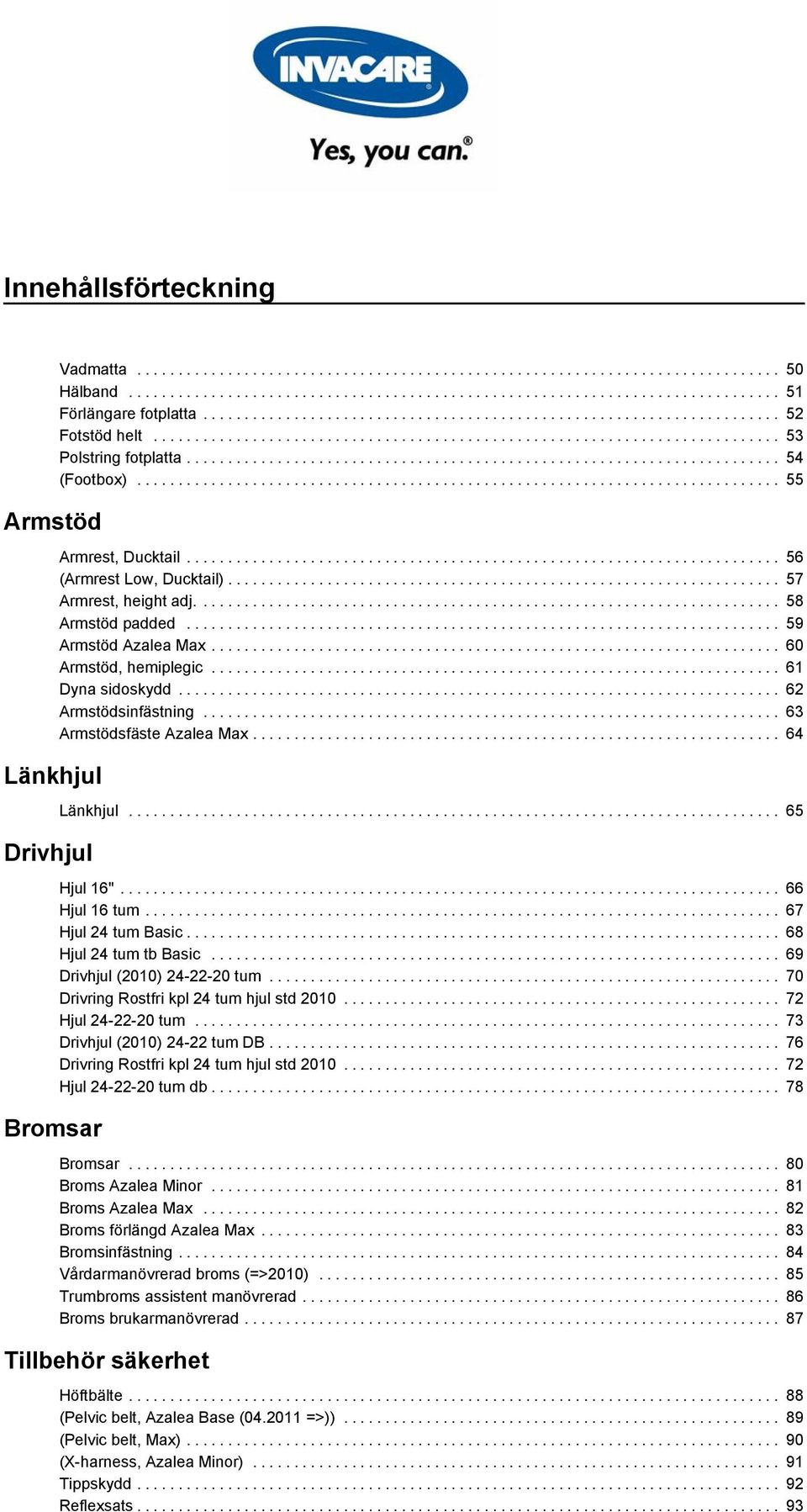 ... 63 Armstödsfäste Azalea Max..... 64 Länkhjul..... 65 Hjul 16"...... 66 Hjul 16 tum... 67 Hjul 24 tum Basic...... 68 Hjul 24 tum tb Basic... 69 Drivhjul (2010) 24-22-20 tum.