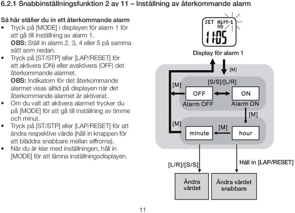 OBS: Indikatorn för det återkommande alarmet visas alltid på displayen när det återkommande alarmet är aktiverat.