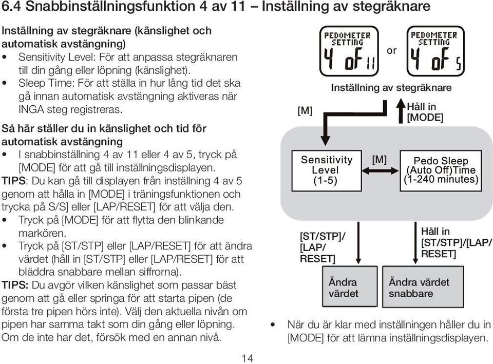 Så här ställer du in känslighet och tid för automatisk avstängning I snabbinställning 4 av 11 eller 4 av 5, tryck på [MODE] för att gå till inställningsdisplayen.