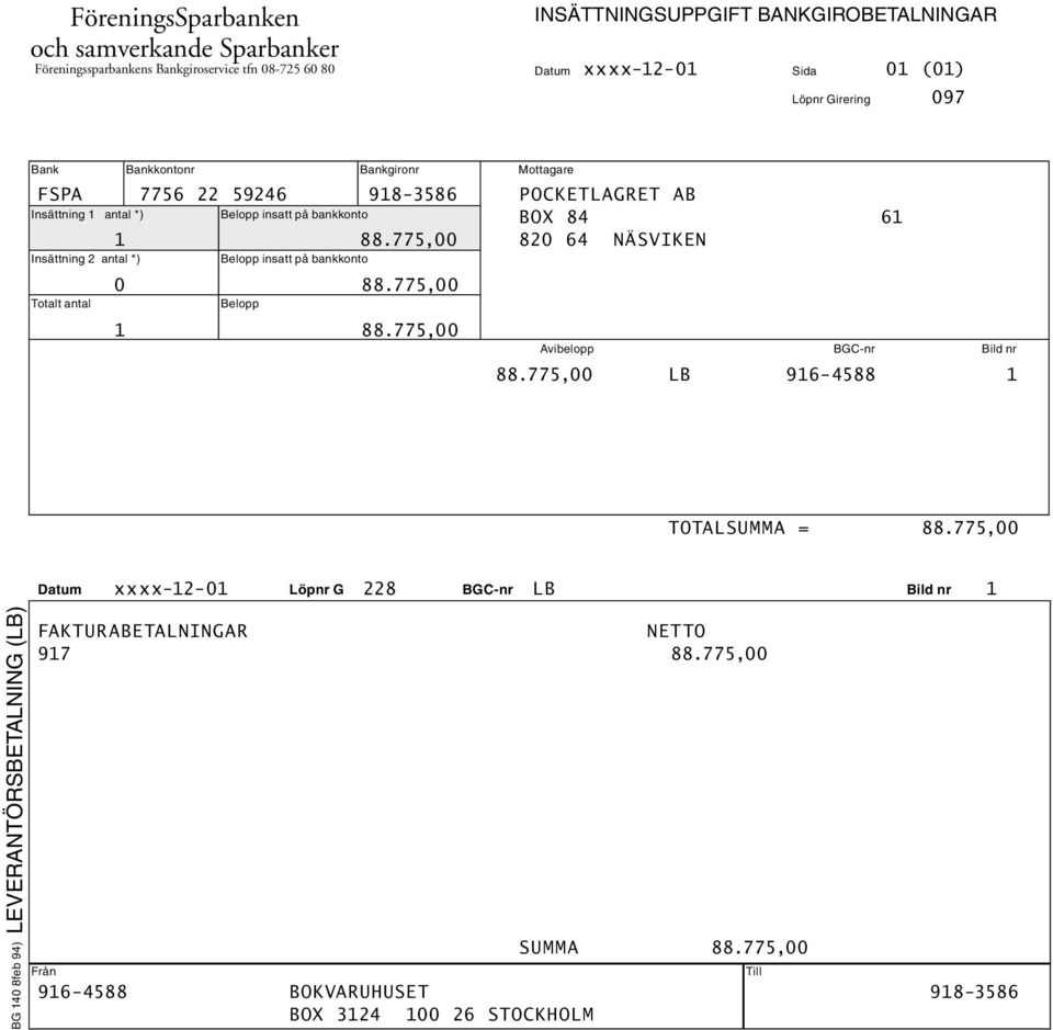 775,00 820 64 NÄSVIKEN Insättning 1 antal *) Belopp insatt på bankkonto Insättning 2 antal *) Belopp insatt på bankkonto 0 88.775,00 Totalt antal Belopp 1 88.
