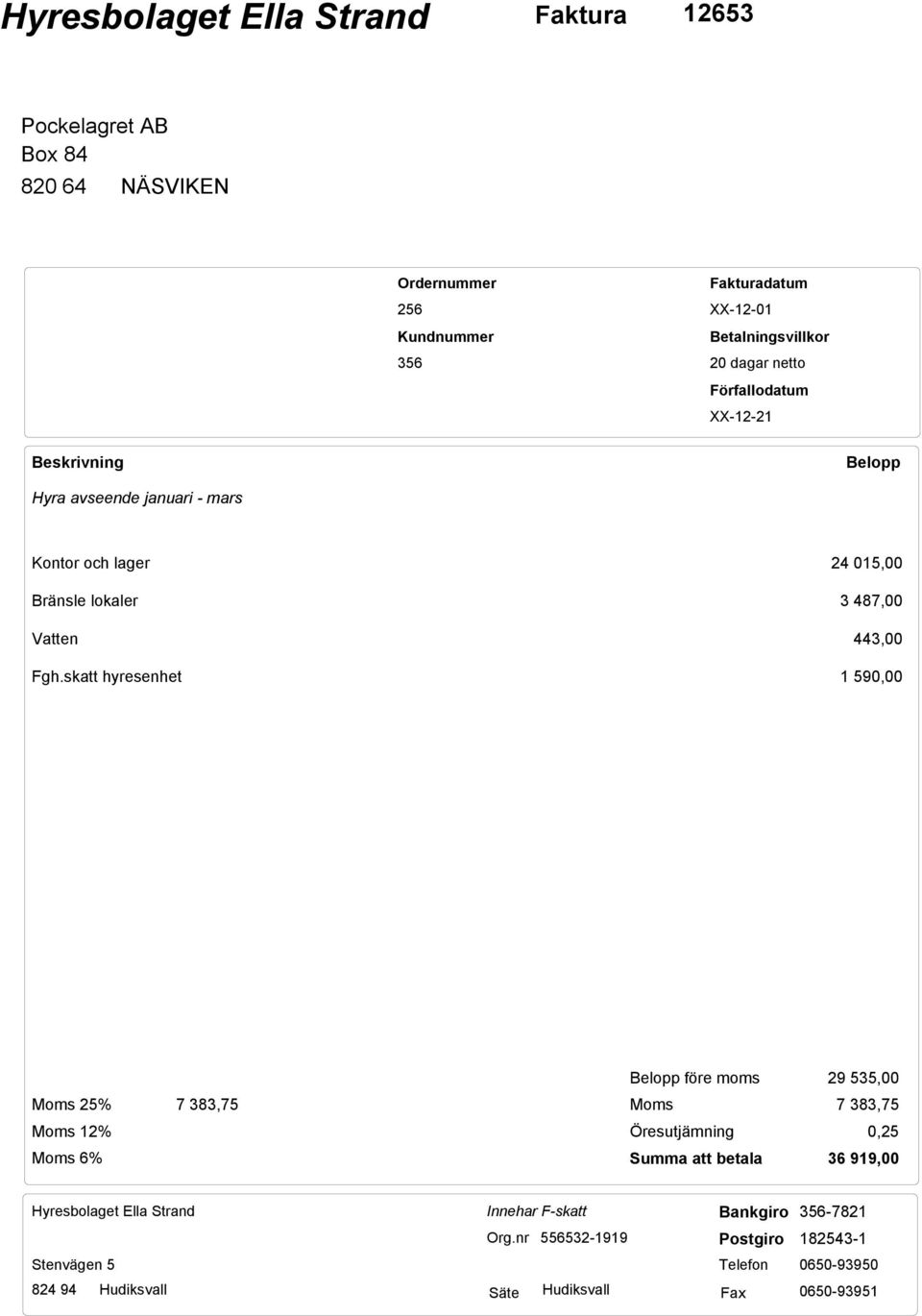 skatt hyresenhet 24 015,00 3 487,00 443,00 1 590,00 Belopp före moms 29 535,00 Moms 25% 7 383,75 Moms 7 383,75 Moms 12% Öresutjämning 0,25 Moms 6% Summa att