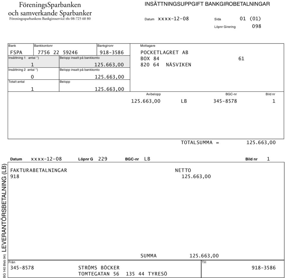 663,00 820 64 NÄSVIKEN Insättning 1 antal *) Belopp insatt på bankkonto Insättning 2 antal *) Belopp insatt på bankkonto 0 125.663,00 Totalt antal Belopp 1 125.