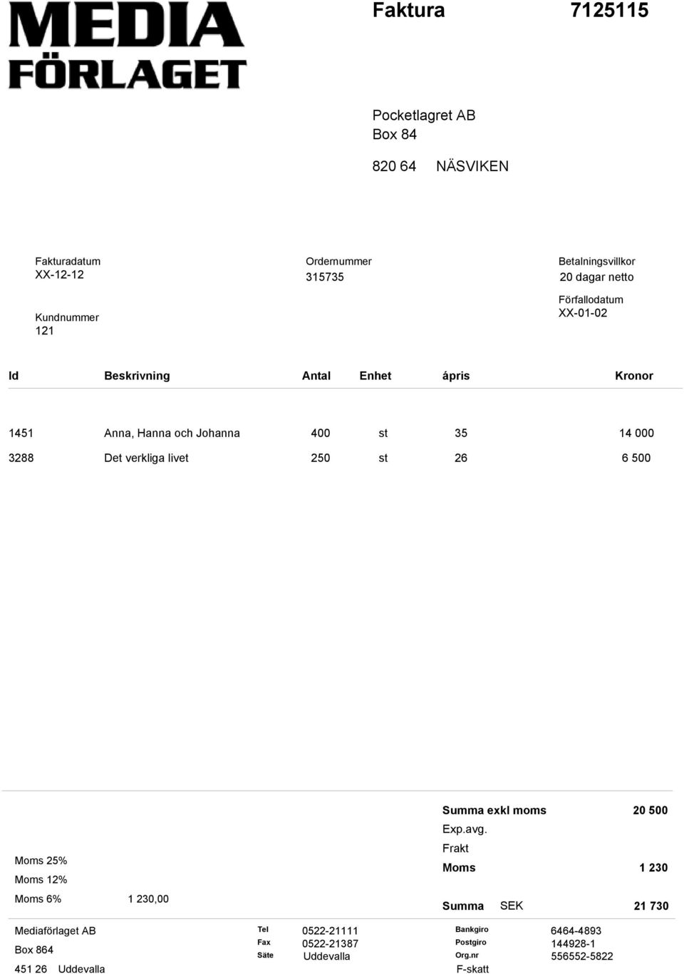 livet 250 st 26 6 500 Moms 25% Moms 12% Moms 6% 1 230,00 Summa exkl moms Exp.avg.
