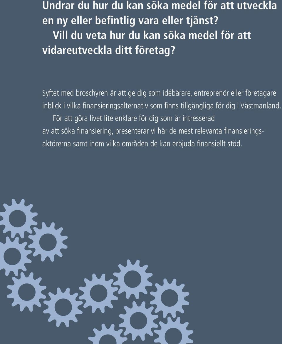 Syftet med broschyren är att ge dig som idébärare, entreprenör eller företagare inblick i vilka finansieringsalternativ som finns