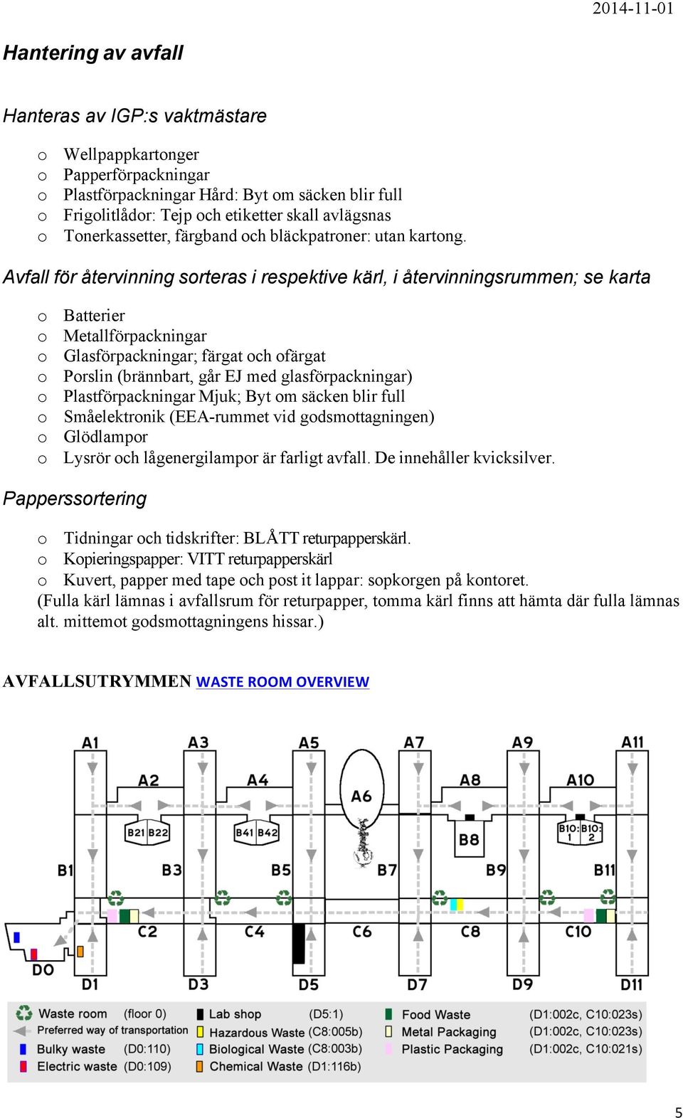 Avfall för återvinning sorteras i respektive kärl, i återvinningsrummen; se karta o Batterier o Metallförpackningar o Glasförpackningar; färgat och ofärgat o Porslin (brännbart, går EJ med