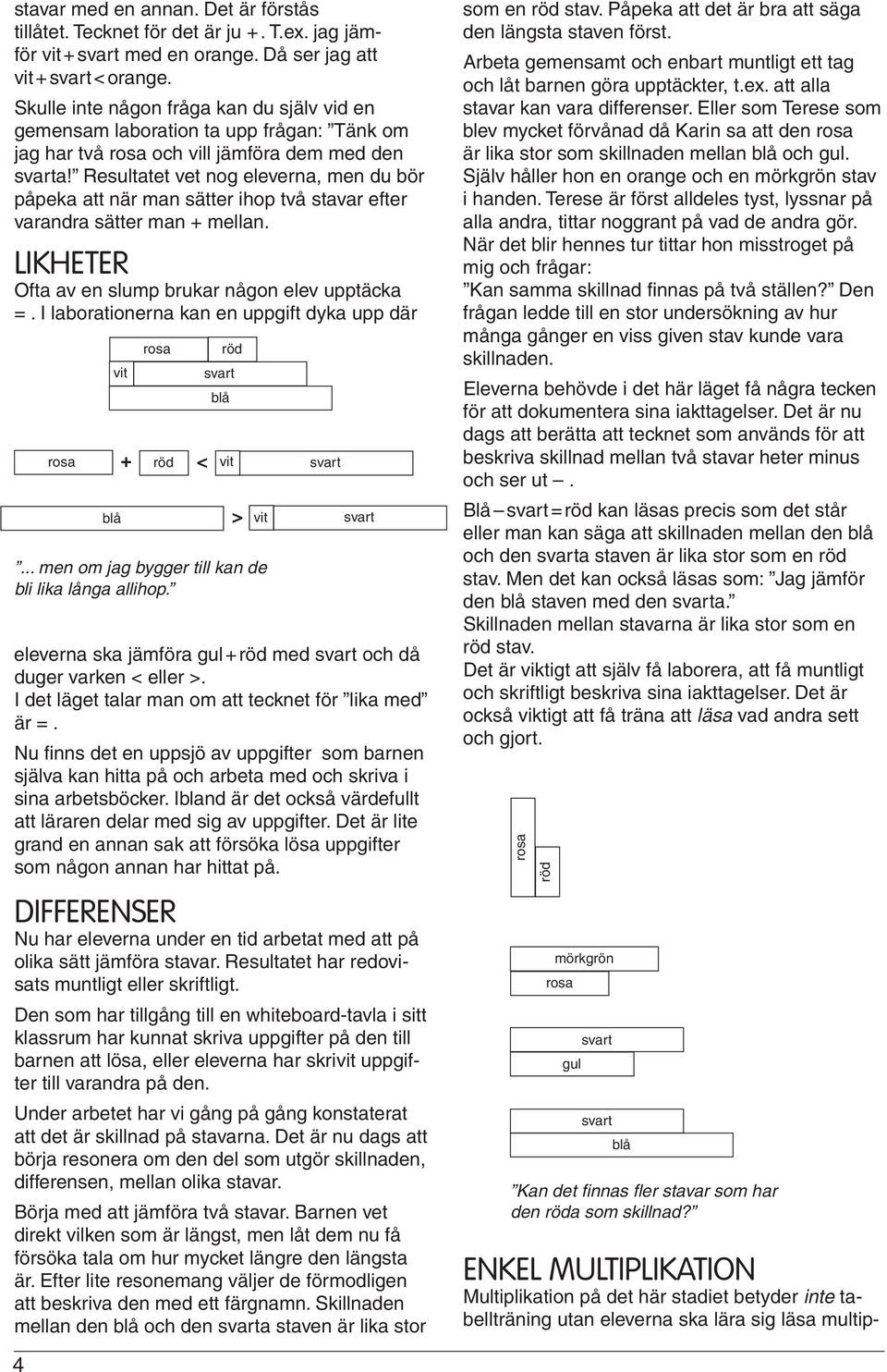 Resultatet vet nog eleverna, men du bör påpeka att när man sätter ihop två stavar efter varandra sätter man + mellan. LIKHETER Ofta av en slump brukar någon elev upptäcka =.