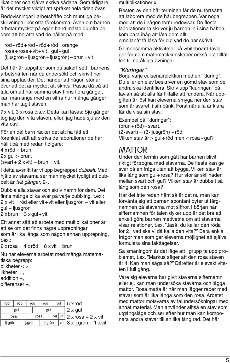 + + + + = orange + + + = + (ljusgrön + ljusgrön + ljusgrön) brun = Det här är uppgifter som du säkert sett i barnens arbetshäften när de undersökt och skri ner sina upptäckter.